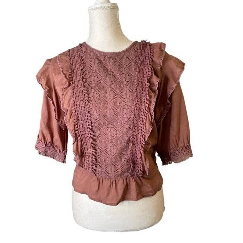 Love Sam Lace & Ruffle Trimmed Scoop Neck top pink rosewood sz medium